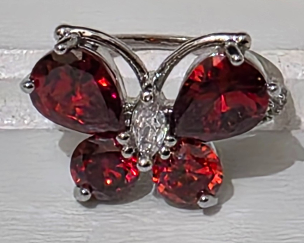 Red Garnet & White CZ 925 Sterling Silver Women's Butterfly Ring Size 5